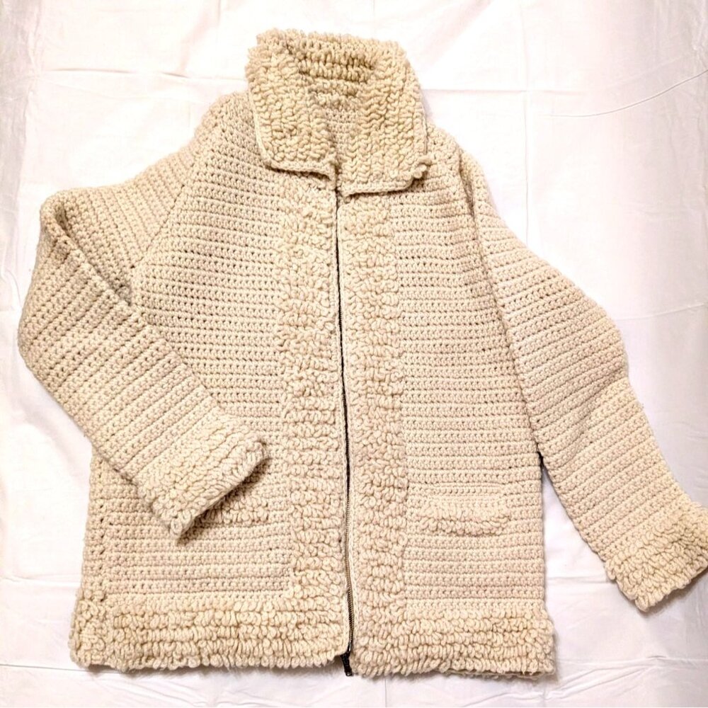 Handmade Cream Crochet Wool Jacket With Zipper Closure & Pockets - Cozy & Warm